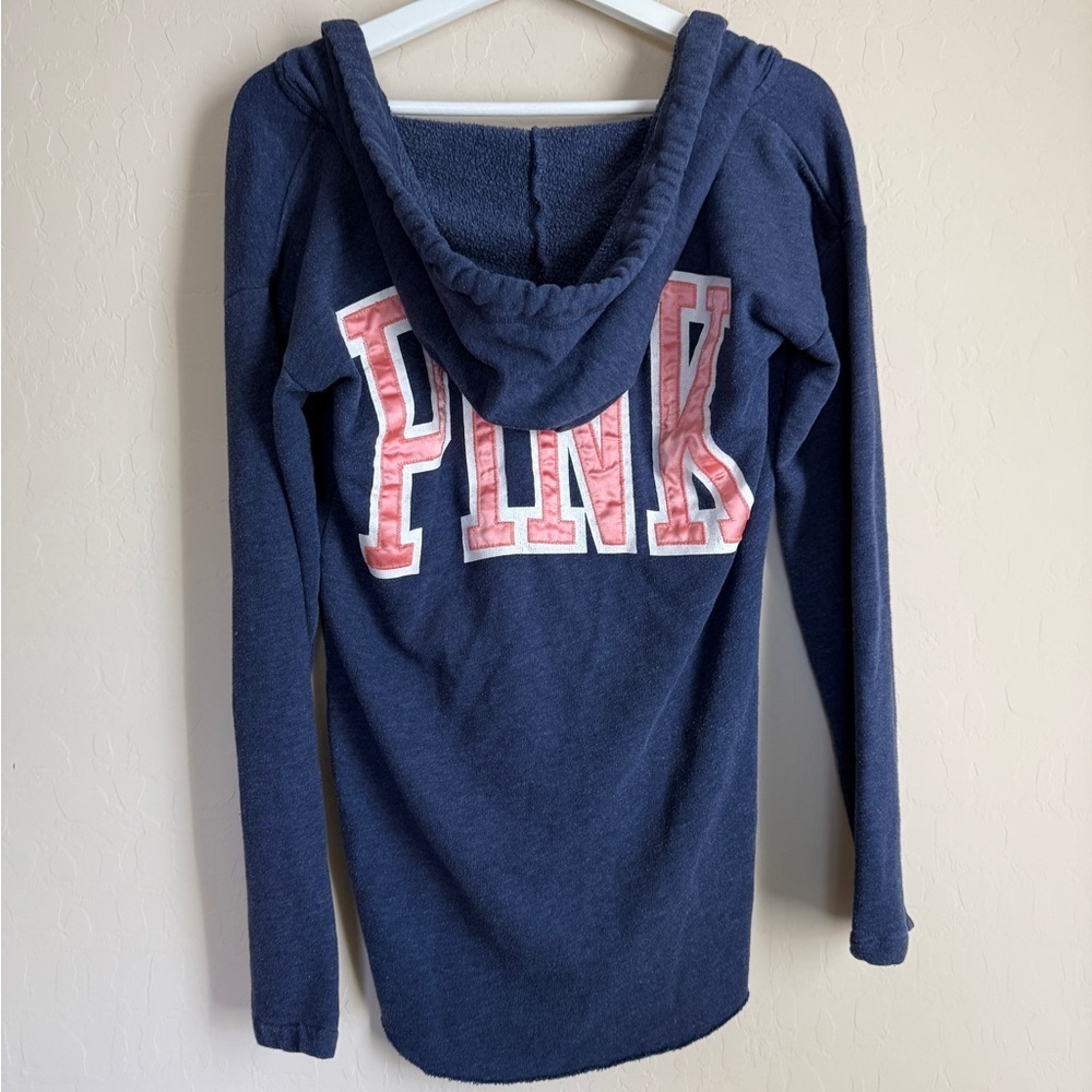 VS Pink Blue Pink Hoodie Satin Logo Drawstring Women’s XS - Picture 6 of 10